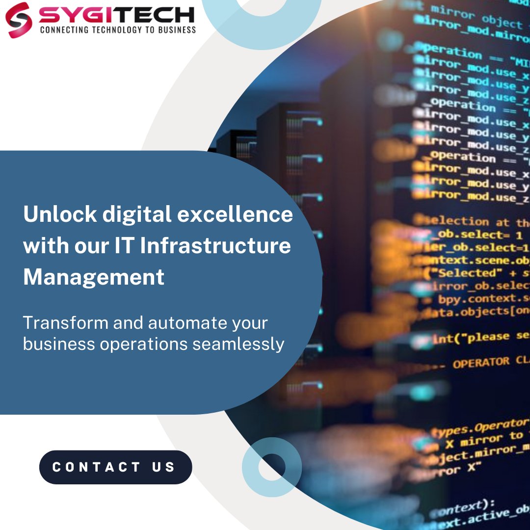 Experience digital excellence with our IT Infrastructure Management.
Discover more now! bit.ly/4cf409i

#ITInfrastructure #DigitalTransformation #CloudInfrastructure #ManagedITServices #Sygitech #WednesdayMorning