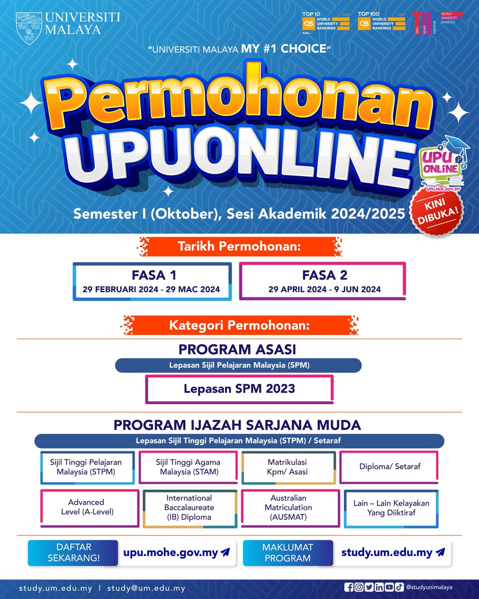 Join Universiti Malaya for an academic adventure! The UPUOnline Phase 1 Application for Semester I (October) Intake, is now open until 29 March 2024. Grab this chance! Apply now at upu.mohe.gov.my & learn more at study.um.edu.my.