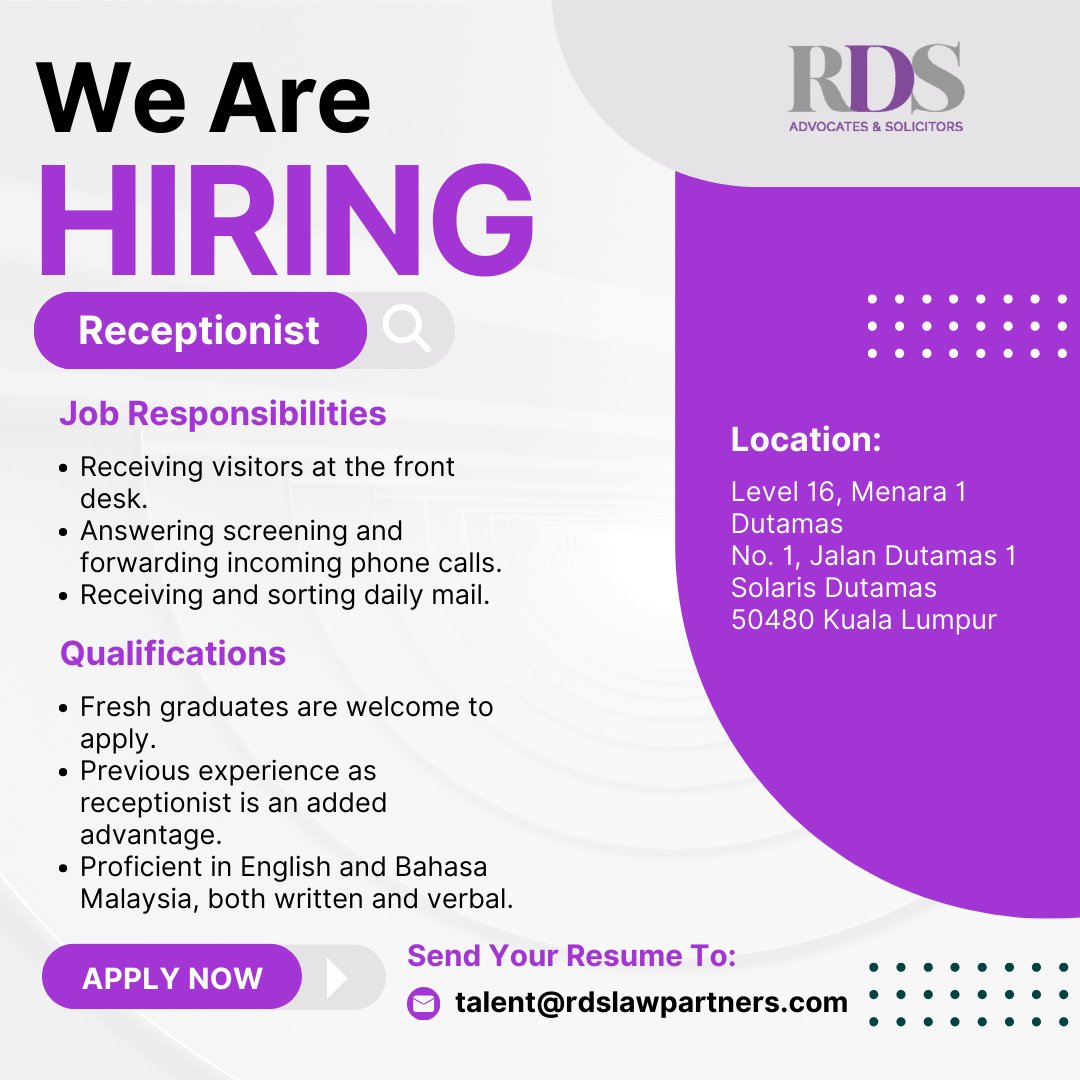 RDS is hiring!  

We have an opening for a HR &amp;Admin Executive &amp; Receptionist at our Kuala Lumpur office. 

Please email your application to talent@rdslawpartners.com 

#RDS #JobOpportunity