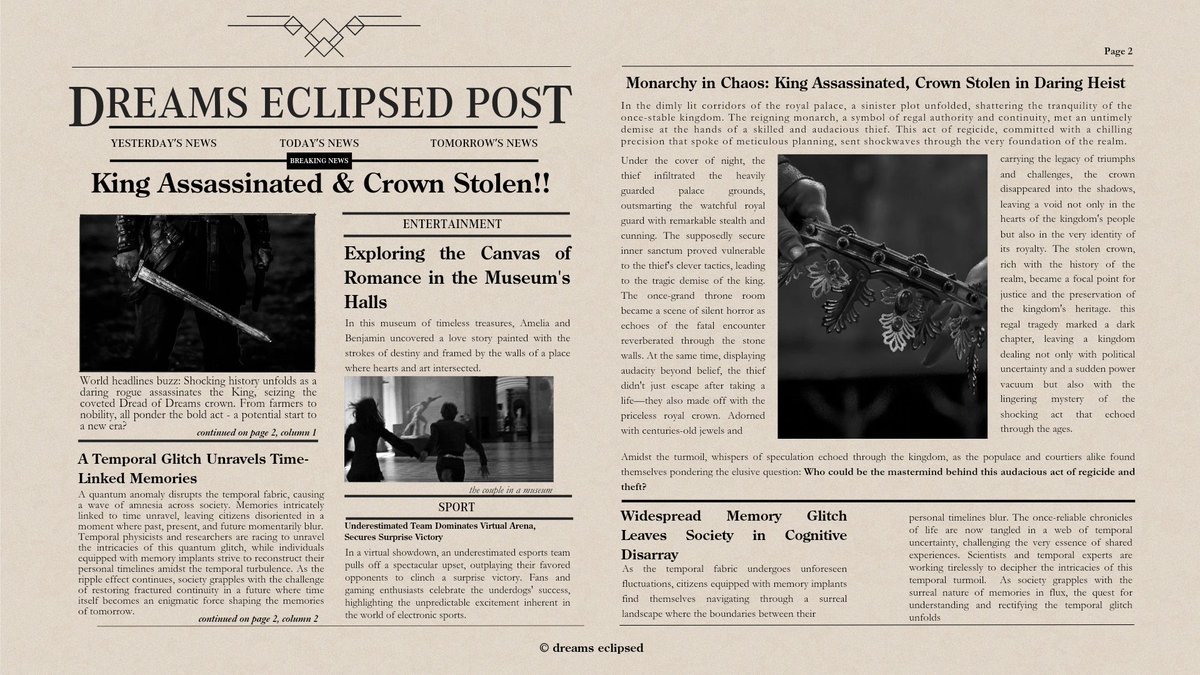 dreamseclipsed's tweet photo. “Extra! Extra! The King has fallen, the crown has been stolen. Read all about it! Today's top stories, but crime for the history!” https://t.co/5mTkmfl93W