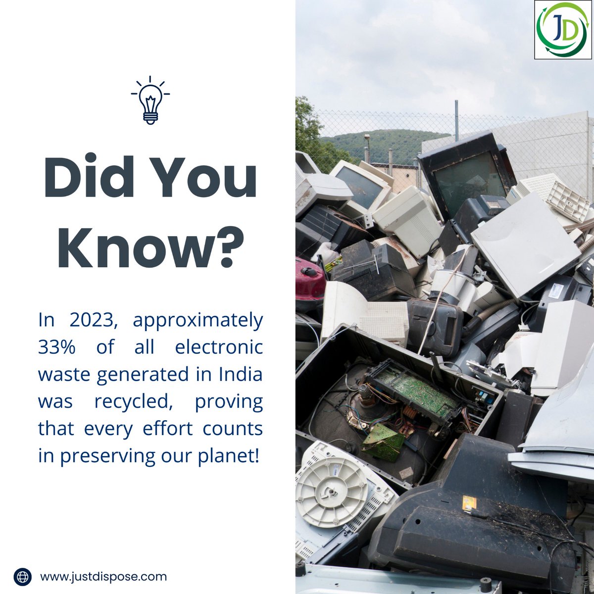 No more E-waste : India's 33% recycling rate sparks a green revolution! 
justdispose.com
Call Us : 7768060001
Email Us : Recycle@justdispose.com

#justdispose #ewaste #zerowaste #reuse #ewasterecycling #recycling #ecofriendly #GoGreenWithUs #Greentech #EPR