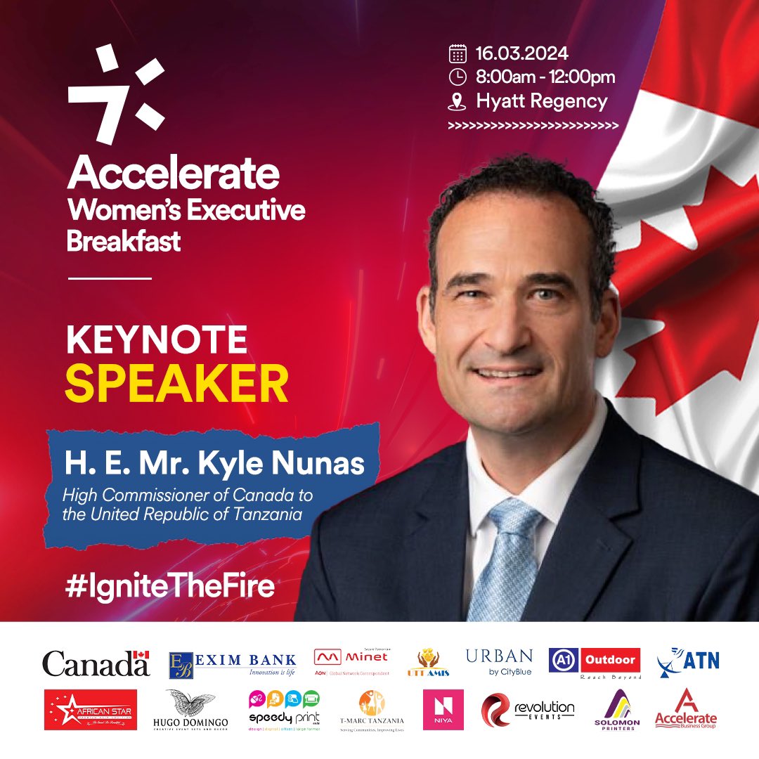 BerniceFernands's tweet photo. I look forward to having His Excellency @kylenunas High Commissioner to Canada as a Keynote Speaker at the Accelerate Women’s Executive Breakfast this Saturday. We are going to Ignite the Fire.

Ignite the Fire 🔥 

#Canada #Keynote #Women #Tanzania https://t.co/8xYB4xH4LT