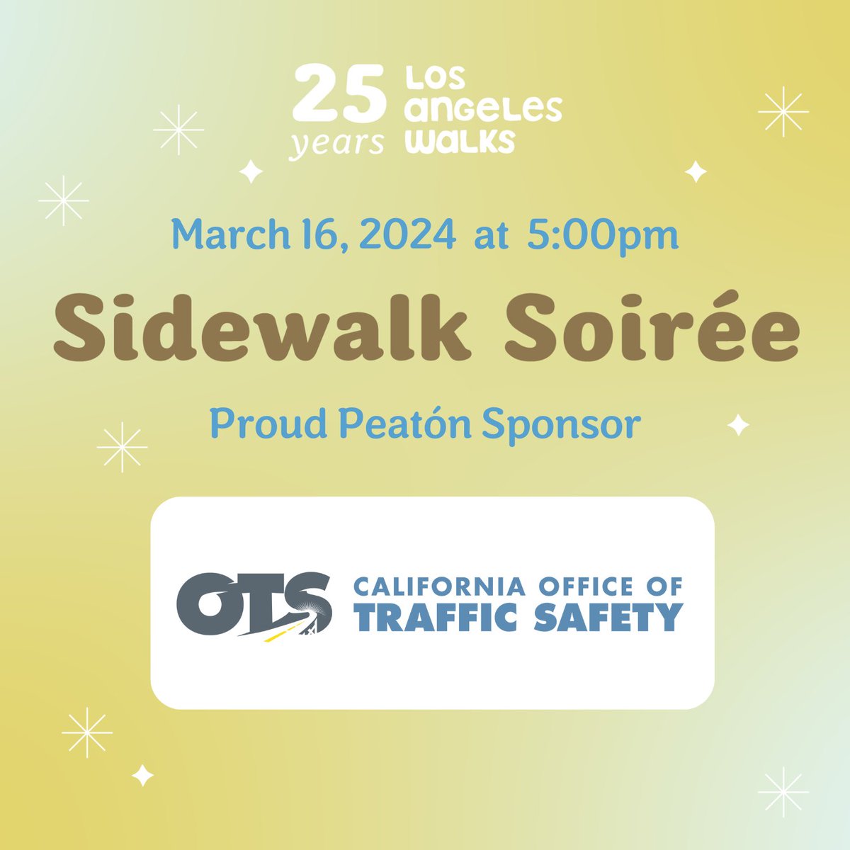 Thank you to our Proud Peatón Sponsor @OTS_CA — your support makes our work possible. There’s still time to get tickets or sponsor our Sidewalk Soirée on Saturday, March 16. losangeleswalks.org/2024_sidewalk_…