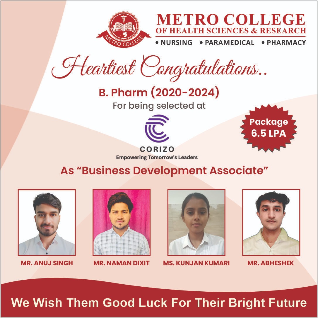 MetroCollege1's tweet photo. Congratulations to B.Pharm IV year students (2020-24) of Metro#College of Health Sciences &amp; Research for securing positions at Corizo Edutech as #BusinessDevelopmentAssociates! Best wishes for a bright future ahead! 
#Congratulations #PlacementDrive #CorizoEdutech  #BrightFuture https://t.co/RqvEN4l7Ad