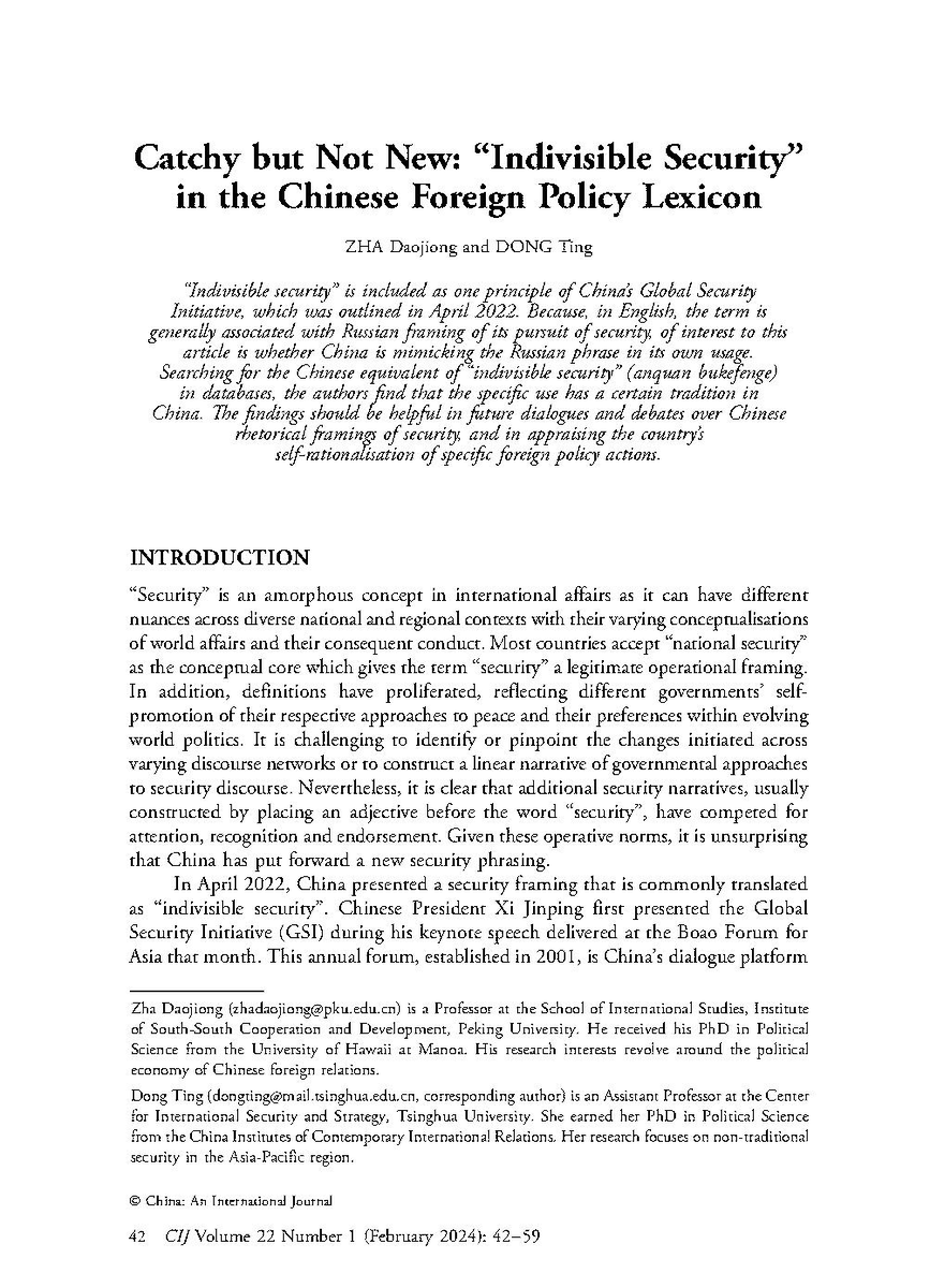 Catchy but Not New: 'Indivisible Security' in the Chinese Foreign Policy Lexicon 🔗muse.jhu.edu/article/920957….
