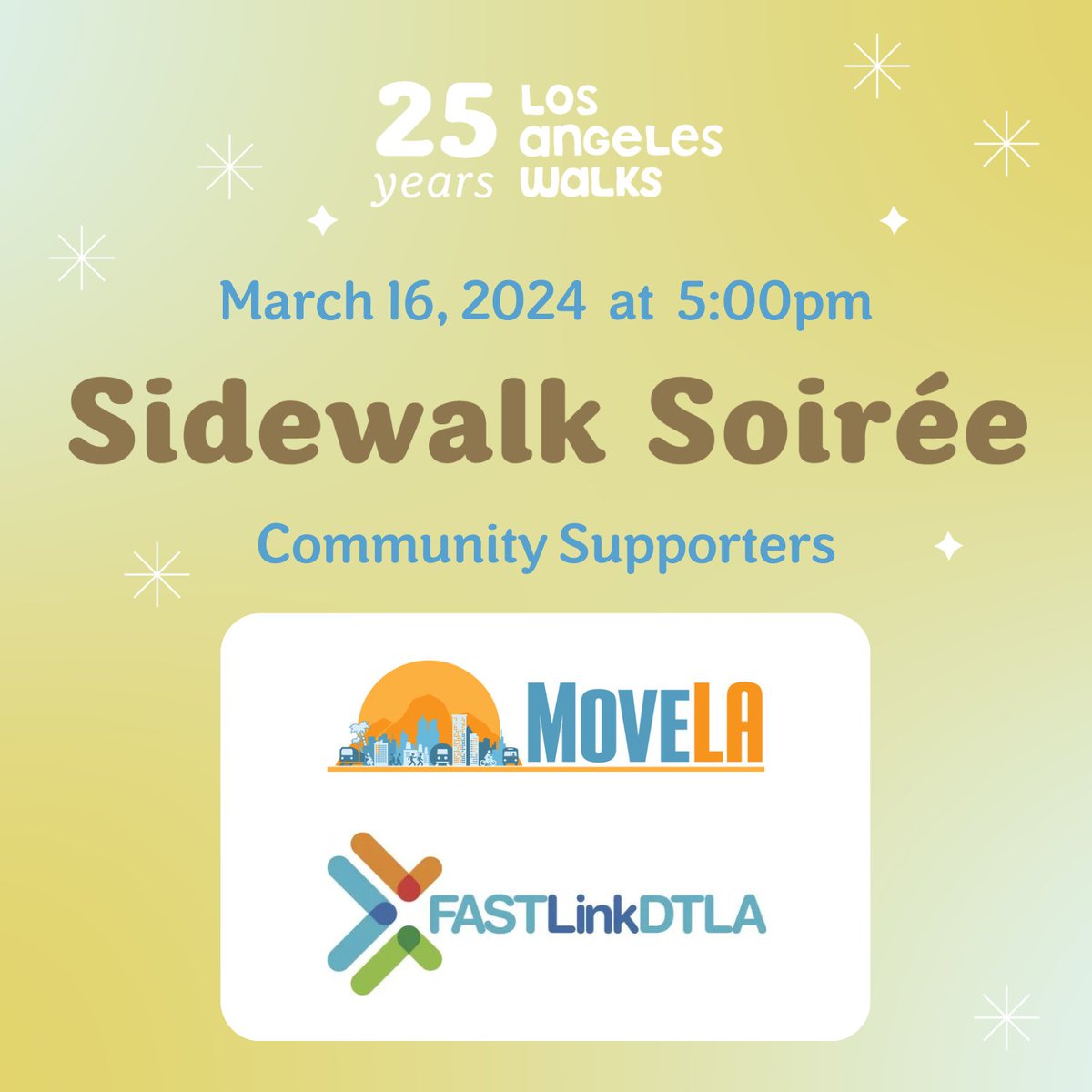 Thank you to our Community Supporters @MoveLATransit and @FASTLinkDTLA — your support makes our work possible. There’s still time to get tickets or sponsor our Sidewalk Soirée on Saturday, March 16. losangeleswalks.org/2024_sidewalk_…