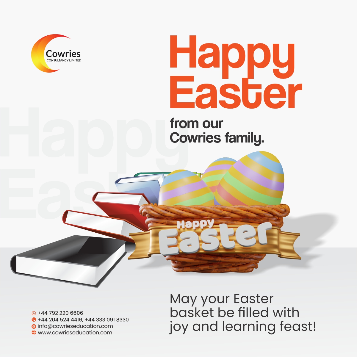 Happy Easter. This season, we're here to nurture your academic growth and brighten your future. #HappyEaster #CowriesEducation #EasterJoy #LearningFeast #EducationalGrowth #EasterBasketOfLearning #AcademicJourney #SuccessAndLearning #NurtureAndGrow #EasterCelebration