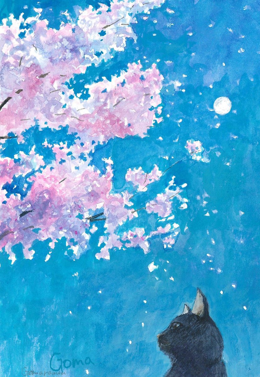 cherry blossoms no humans traditional media moon sky painting (medium) animal focus  illustration images