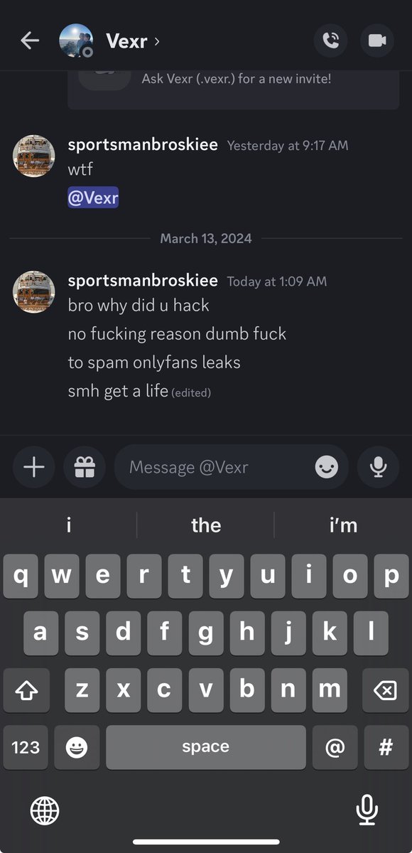 FF2vexy's tweet photo. my friend vexr’s discord account got hacked and spam, inappropriate stuff and peoples DM’s, and every single server he’s in and I’m wondering if there is anyone that can help get the account back https://t.co/6IwelwkgeK
