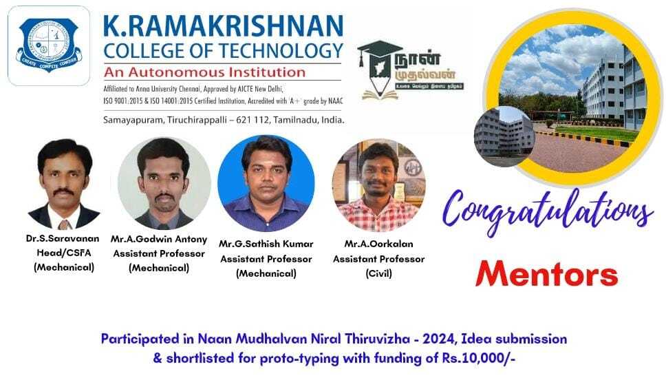krcttrichy1's tweet image. KRCT congratulates the mentors who encouraged the students to participate in Naan Muthalvan Niral Thiruvizha- 2024 Idea submission &amp;amp; they are shortlisted for proto-typing with funding of Rs. 10000/-
#krct #krctcollege #trichy #naan #muthalvan #niralthiruvizha