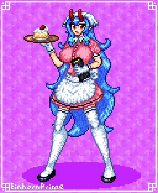 EinhornPrime's tweet photo. Makura cosplaying Maika from Blend S. Sixth drawing of "give 6 outfits to my oc" challenge. #pixelart #oc #oni #challenge https://t.co/LUKlKIdKnJ