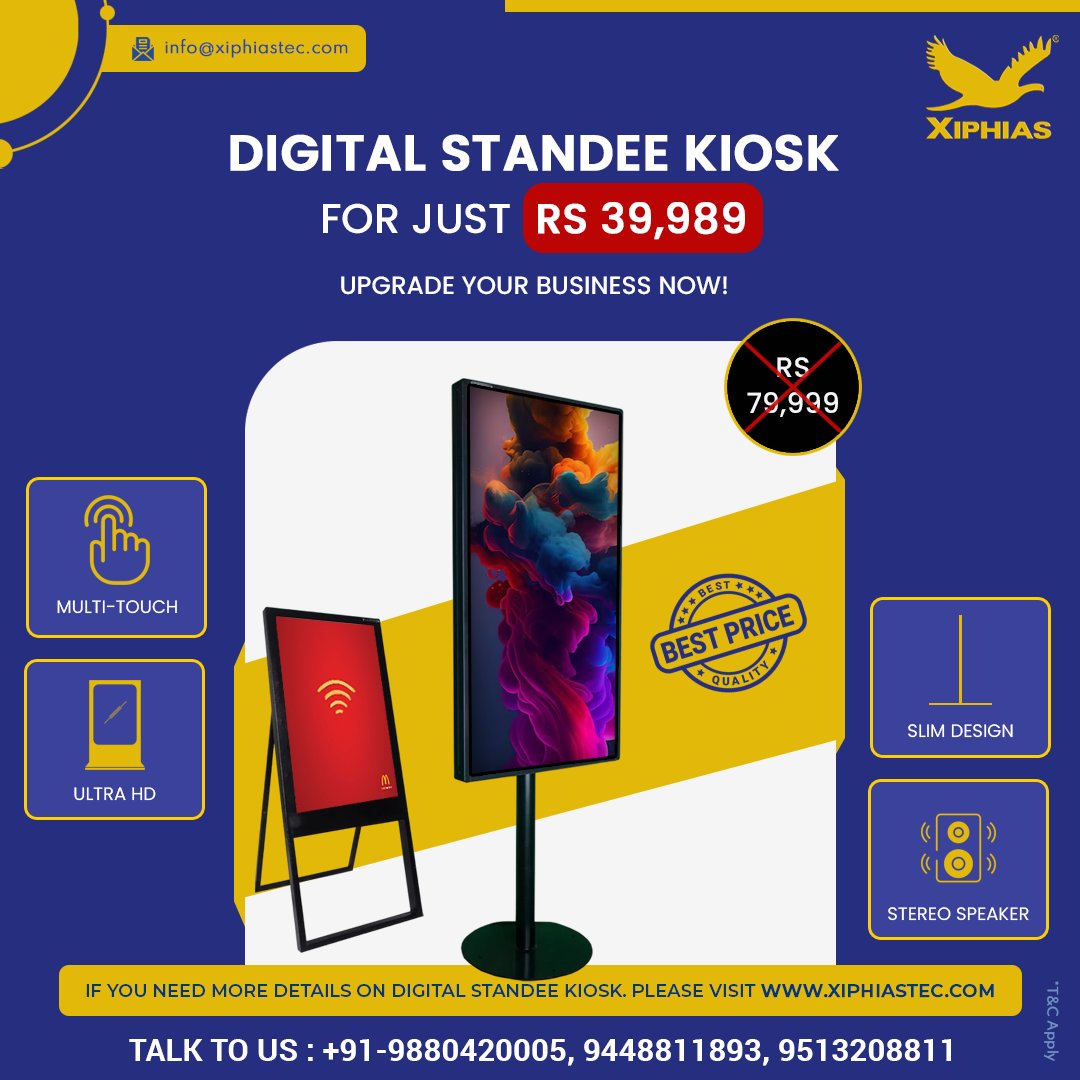 XIPHIAS0101's tweet image. Don&apos;t miss out on our unbeatable offers for digital standee kiosks! Elevate your marketing game and captivate your audience effortlessly. 💼✨

#XIPHIAS #DigitalsignageKiosk #KioskManufacturer #TouchScreenKiosk #InformationDisplayKiosk #DigitalKiosk #DigitalStandeeKiosk