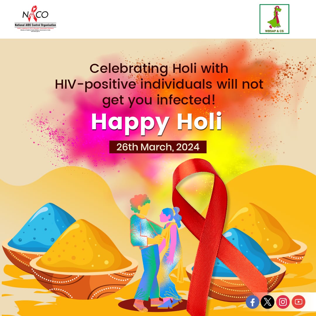 Spread love and awareness this Holi! Celebrate with HIV-positive individuals without fear of infection. Remember, joy knows no boundaries. Happy Holi! #AIDS #hivaids #HIV #hivprevention #hivawareness #wbsapcs #aidsawareness #hivtesting #HIVFreeIndia #IndiaFightsHIVandSTI