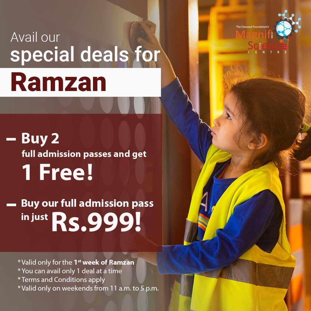 DawoodTdf's tweet photo. TDF's MagnifiScience Centre welcomes Ramzan with Special Savings offers:

1) Purchase two full admission passes and receive a complimentary pass for a third visitor.
2) Enjoy a full admission pass for only Rs. 999, instead of the regular price of Rs. 1400.

#MagnifiScience #TDF https://t.co/kKHNs2cy8c