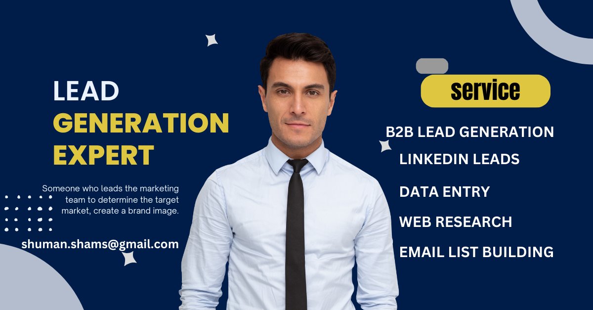 I do any kind of Data Entry and B2b Lead Generation work. My main goal is satisfy my client with the work.
#leadgenerationexpert #leadgenerationspecialist
#emailmarketingsolutions #b2bmarketingstrategy #b2bcontent #b2bgrowth #b2bcontentmarketing #b2bnetworking #b2bsocialmedia