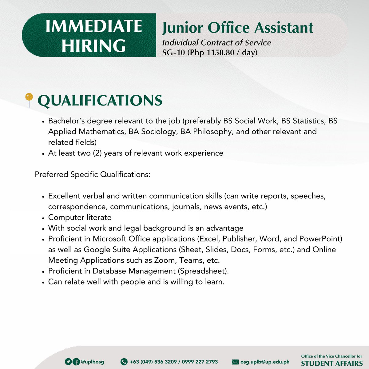 uplbosg's tweet photo. 𝗙𝗢𝗥 𝗜𝗠𝗠𝗘𝗗𝗜𝗔𝗧𝗘 𝗛𝗜𝗥𝗜𝗡𝗚
Junior Office Assistant (1)
(Individual Contract of Service)

For further details, kindly visit this link to see the original post 
https://t.co/rvcnQ7gESE https://t.co/no1LjIwbSs