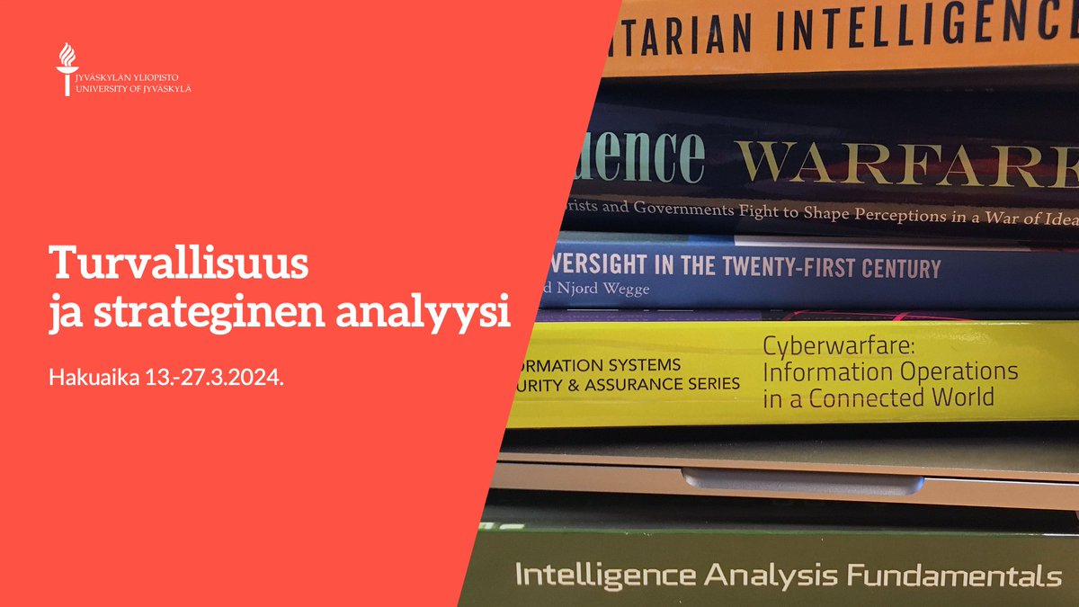 Haku #TSAMO-maisteriohjelmaan @uniofjyvaskyla alkaa tänään. Jos haluat kehittyä turvallisuuden, tiedustelun ja digitalisaation asiantuntijaksi, suosittelen harkitsemaan! Osaamiselle on tarvetta kaikkialla. Opiskella voi monimuotoisesti ja -paikkaisesti. r.jyu.fi/tsamo