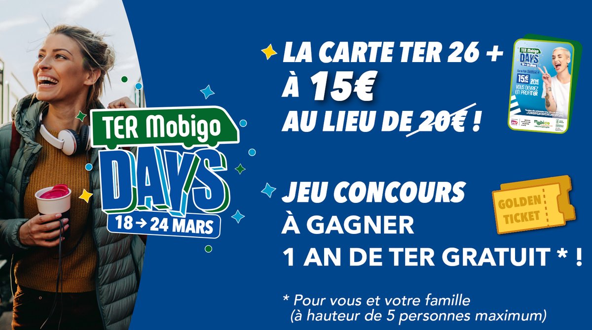 TER_BFC_Trafic's tweet image. Les TER MOBIGO Days sont là ! 🎉

Profitez de la semaine promotionnelle sur la carte TER 26+, le Golden Ticket et découvrez de nouveaux bons plans exclusifs. ✨

Voyagez malin, explorez la région et vivez l'aventure TER ! 🗺️#TERDays