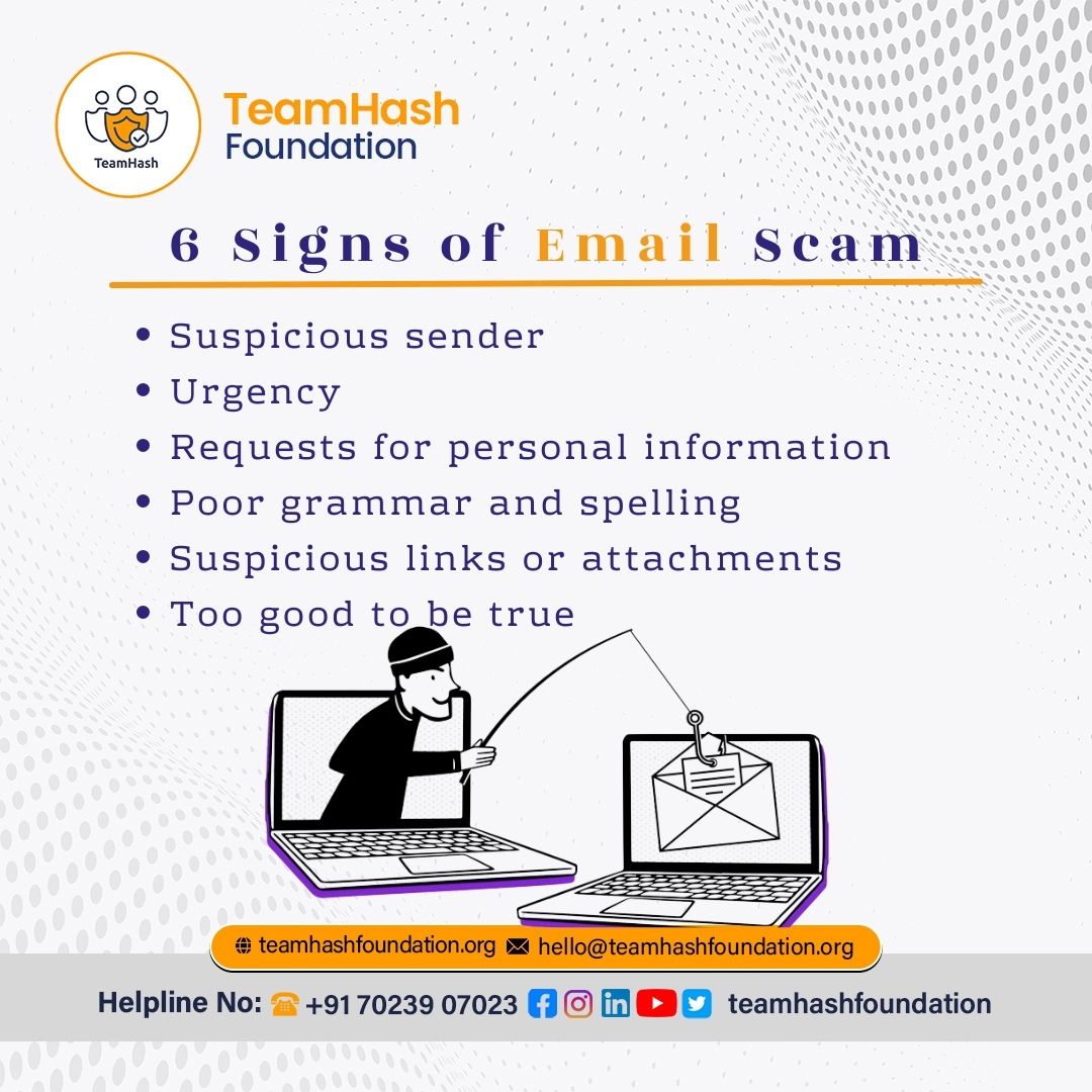 6 Signs of Email Scam..... 1. Suspicious sender 2. Urgency 3. Requests for personal information 4. Poor grammar and spelling 5. Suspicious links or attachments 6. Too good to be true #cybercrime #cybercrimes #cyberdost #cyberdosti4c #cybercrimeindia #cybercrimeinfo