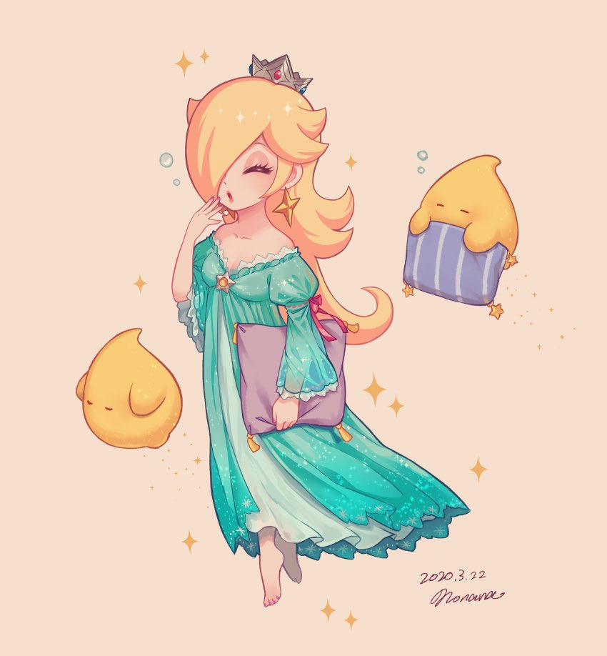 luma (mario) ,rosalina 1girl blonde hair hair over one eye cup long hair dress barefoot  illustration images