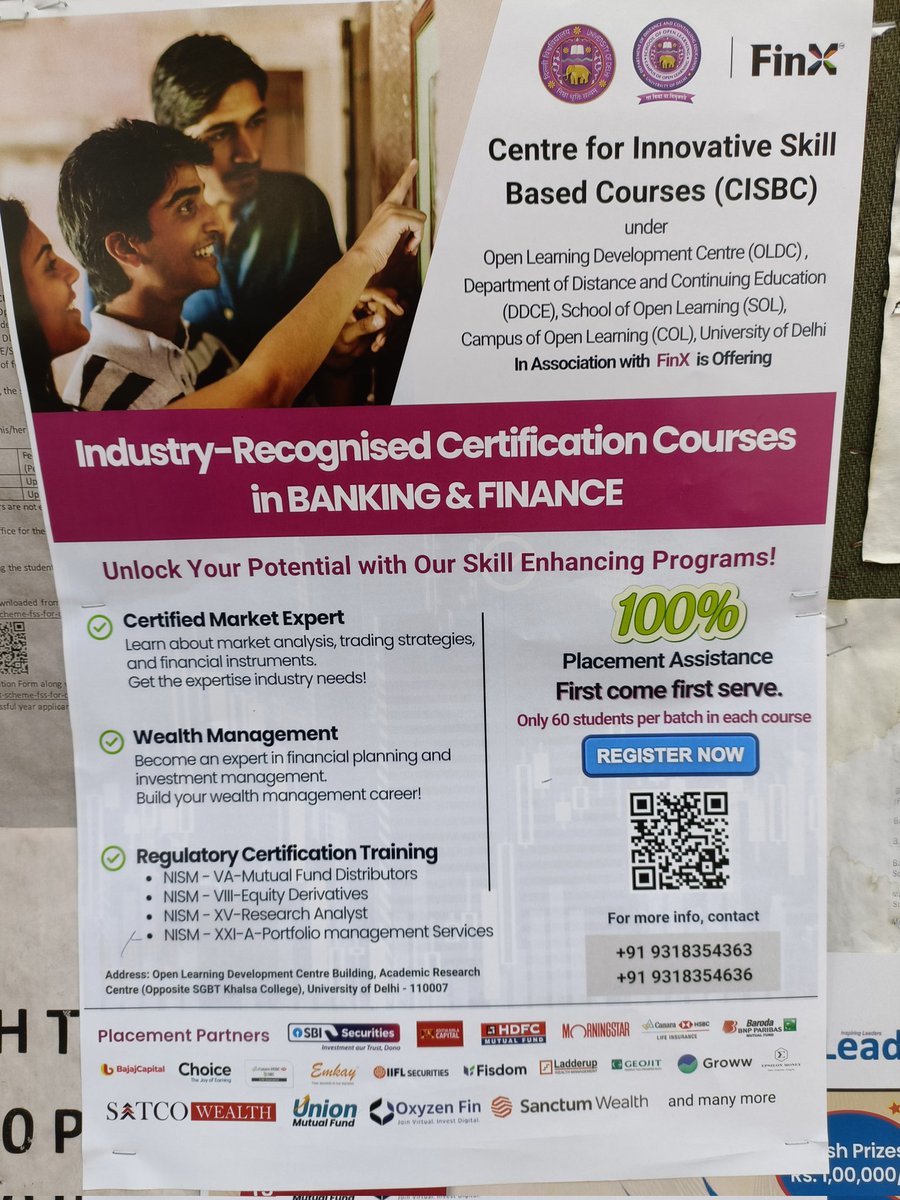 CENTRE FOR INNOVATION SKILL-BASED COURSE (CISBC) @SkillCentreCOL
Industry-Recognised certification course in BANKING AND FINANCE
Knowledge Partner: <a href="/finxlearning/">Finx Learning</a> <a href="/DrPayalmago/">payal mago</a> <a href="/UnivofDelhi/">University of Delhi</a> <a href="/EduMinOfIndia/">Ministry of Education</a>
Register Now : sol.du.ac.in/skill_courses/…