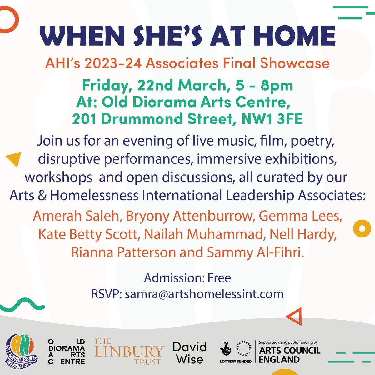 Free! When She's At Home with @artshomelessint AHI 2023-2024 Associates Leaders’ Final Showcase event on Friday 22nd March at @olddiorama 5-8 pm. Book your free ticket now: eventbrite.co.uk/e/when-shes-at……