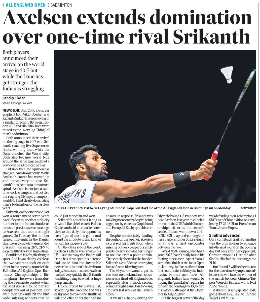 PV Sindhu was the only Indian to progress on Day 1 of the #AllEngland2024 as Kidambi Srikanth, HS Prannoy, Aakarshi Kashyap & Treesa Jolly/Gayatri Gopichand lost in the opening round of the Super 100 event #BWFWorldTour #YAE24 #AllOfBadminton 

✍️ hindustantimes.com/sports/badmint…