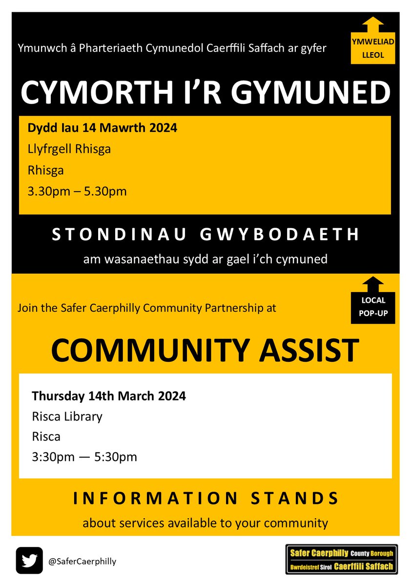 Do you have questions about the services available to your community? We'll be at Risca Library on the 14th March 2024 from 3:30pm with information stands. Come along for a chat. #CommunityEngagement #SaferCaerphilly