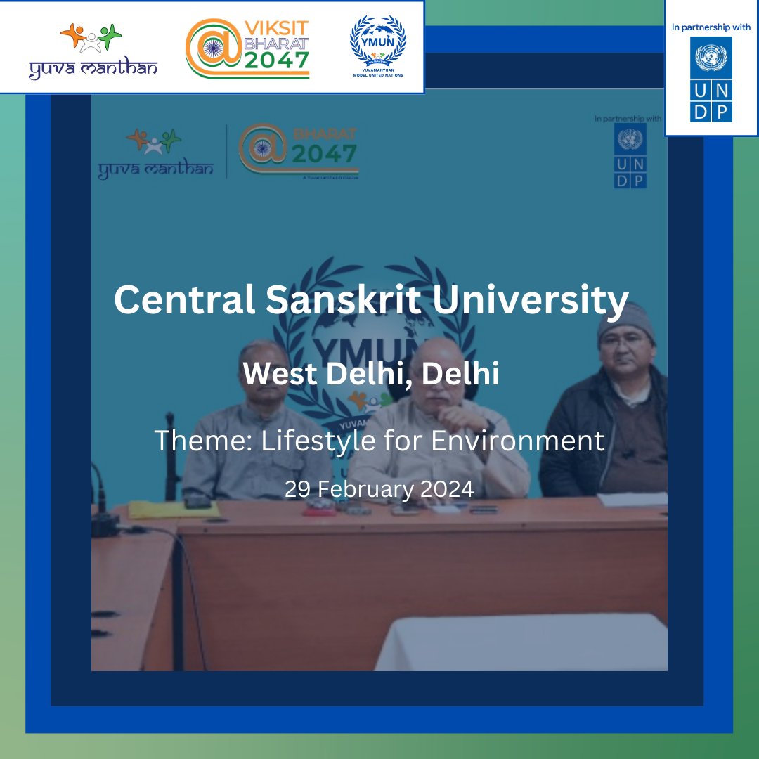 Yuvamanthan_org's tweet photo. The @CentralSanskrit hosts Yuvamanthan MUN, a platform for impactful discussions on lifestyle for environment based on our PM @narendramodi 's vision of Viksit Bharat @2024. Adopt eco-friendly practices and contribute to a sustainable future together! #ViksitBharat2024
#YMUN https://t.co/1gxwtRSxzk