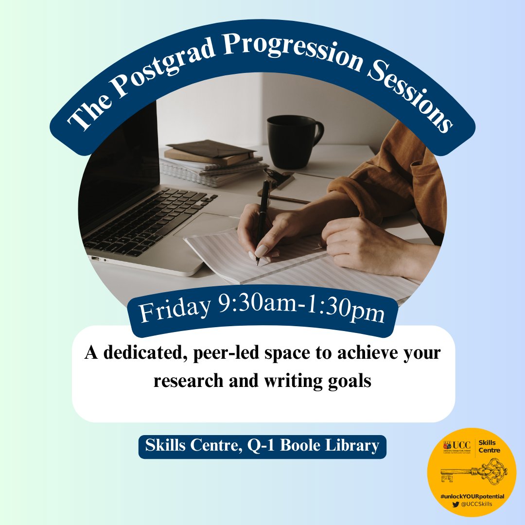 Looking for help with your postgrad degree? Join us in the Skills Centre every Friday from 9:30am-1:30pm and avail of a dedicated space where you can achieve your writing goals! #UnlockYourPotential