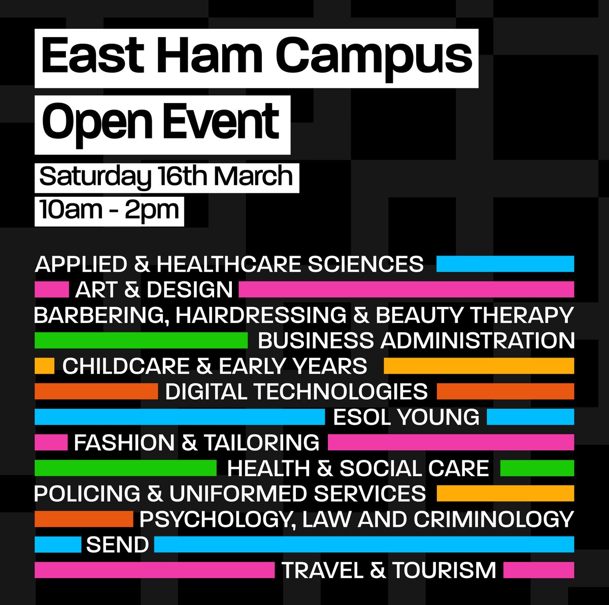 OPEN EVENT - East Ham Campus Courses Our open event is this Saturday! If you are interested in any of these courses, you can explore them with our teachers and careers advisers at our East ham Campus on the 16th of March! Sign up here - newham.ac.uk/open-events-at…