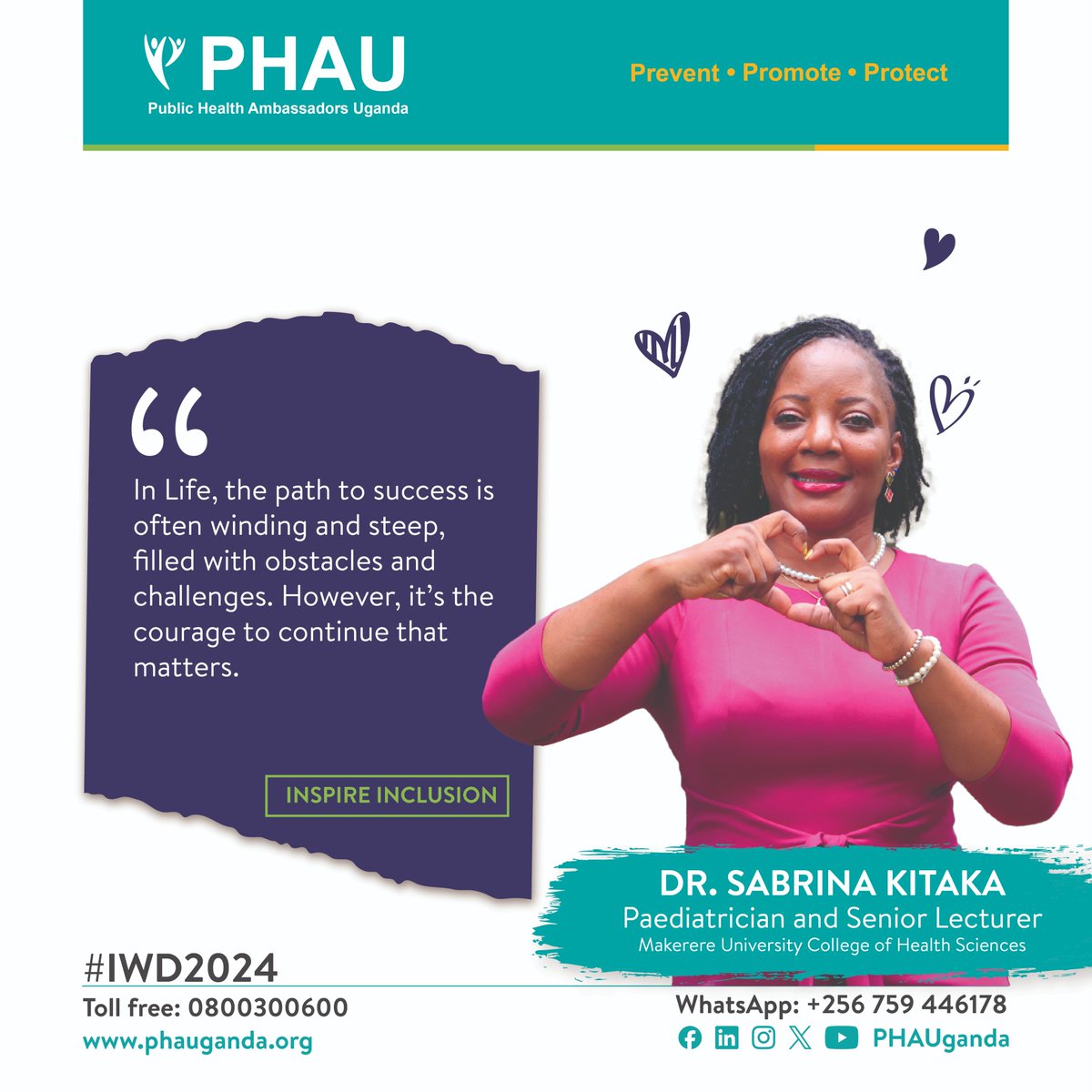 As we #InspireInclusion to forge a better world, our WCW today, is one of our Board Members @SabrinaKitaka with a very motivational message for the Women's Month. #PHAUCARES #IWD2024 #WomenInLeadership #WomenEmpowerment