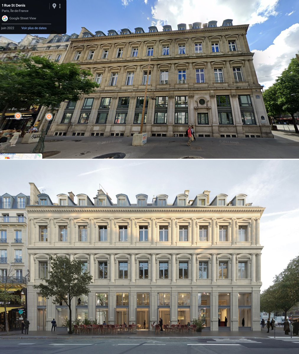 SPPEF's tweet photo. Nouveau scandale patrimonial à @Paris.
La transformation de la Chambre des Notaires, place du Chatelet (projet 👉https://t.co/4PunDAQCoj), avec suppression des allèges en rez-de-chaussée, des chapiteaux corinthiens et de nombreux détails architecturaux. Avant / Après👇 https://t.co/aAGn8Wmn7P