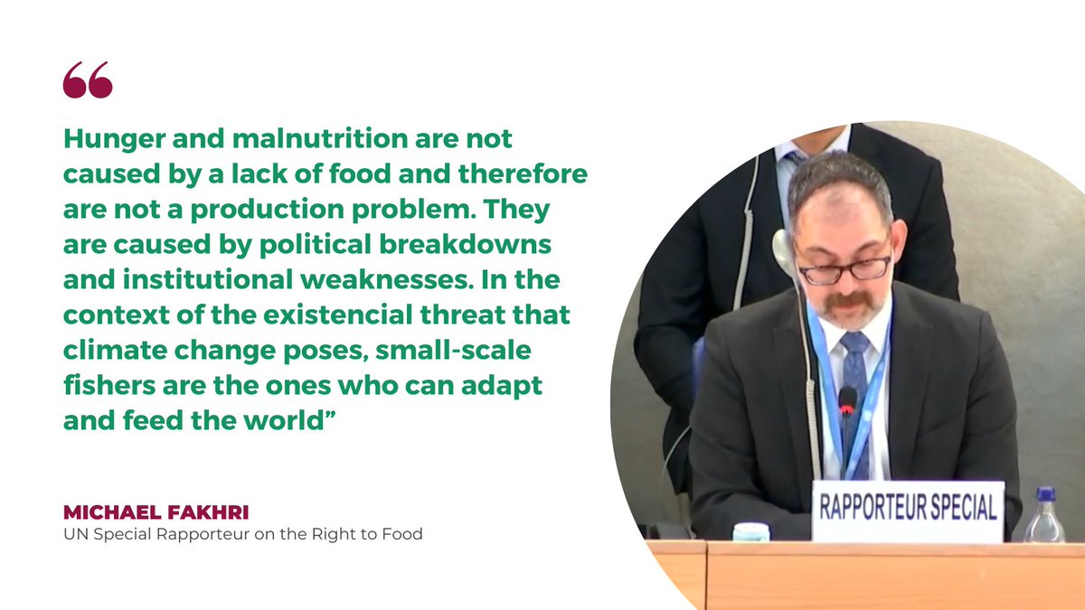 “Fishers have the answers to adapt to #ClimateChange and governments have the tools to uphold their rights”, said @MichaelFakhri UN Rapporteur on the #RightToFood to @unhrcpr In his report on #Fisheries, he puts a special focus on #SmallScaleFisheries 👉t.ly/P306x