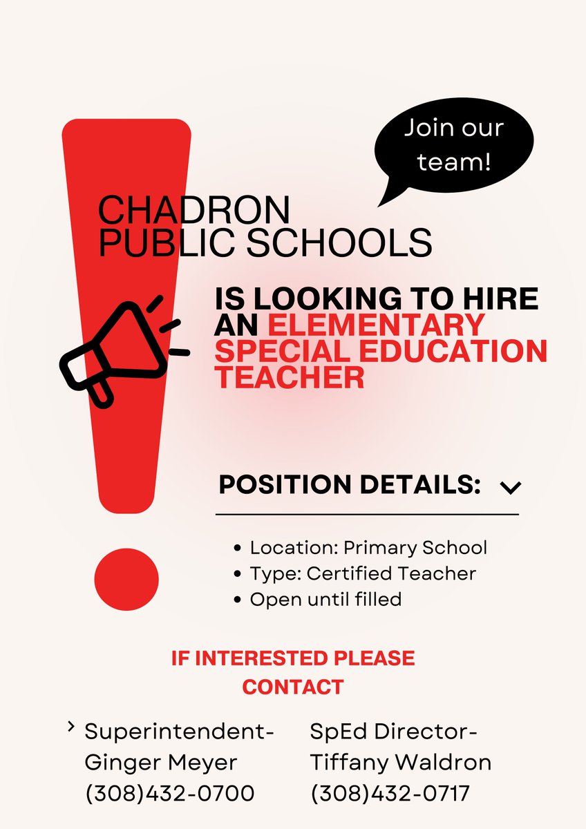 Elementary Special Education teacher position is open at Chadron Public Schools