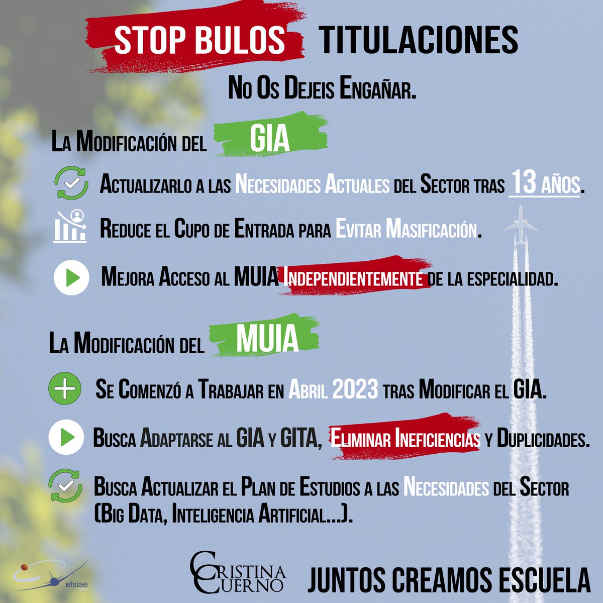 🛑STOP BULOS🛑

Están corriendo bulos acerca de la Modificación del GIA y MUIA.

Es triste tener que recurrir a estos mensajes y no centrarnos en lo importante.

En caso de duda, contactadme y yo le responderé encantada.

¡Feliz miércoles!

#JuntosCreamosEscuela <a href="/aeroespacialUPM/">ETSIAE - UPM</a>