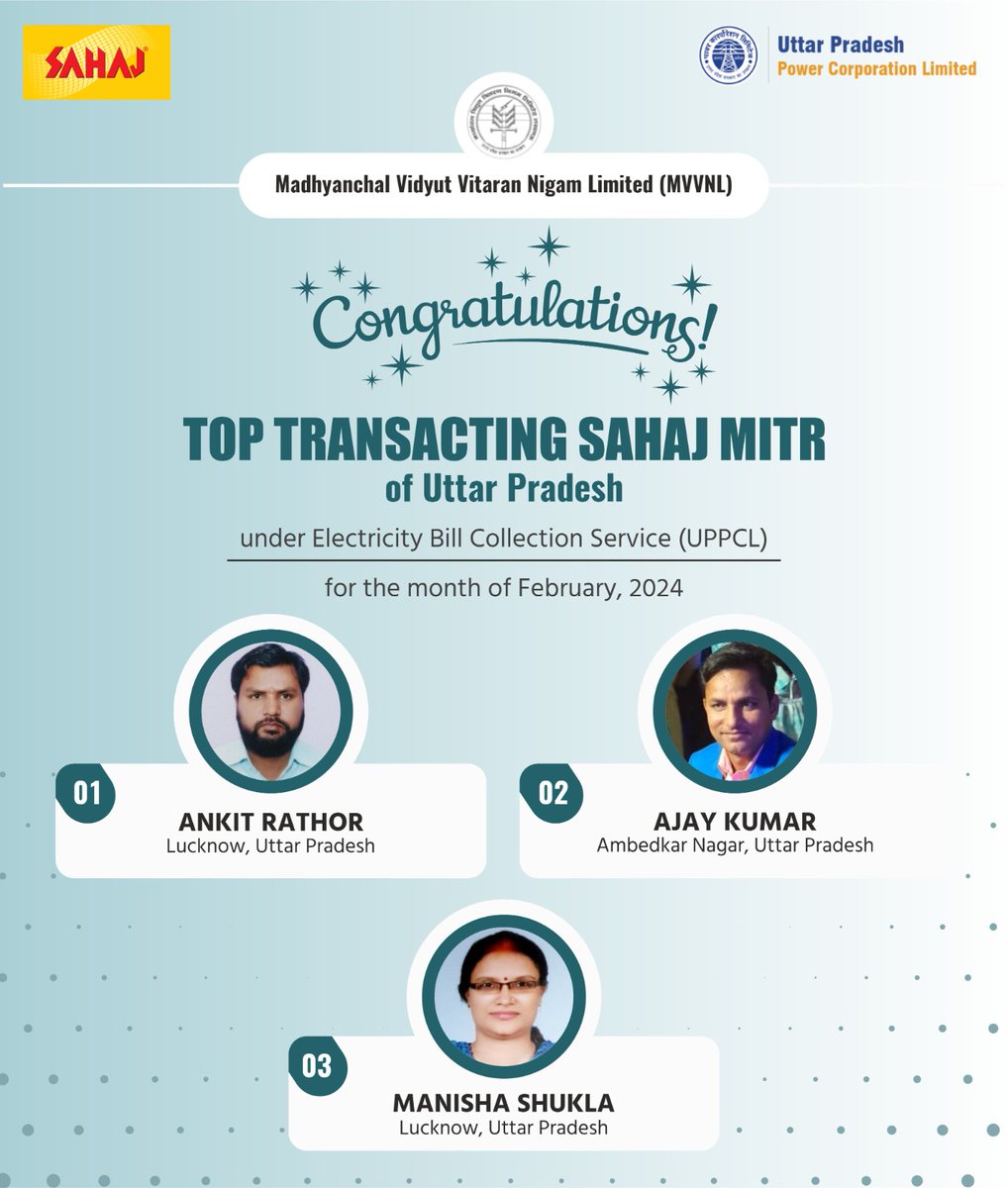 Congratulations💐 to the top 3 Sahaj Mitr of MVVNL DISCOM for the highest amount of electricity bill collection in UPPCL Rural &amp; Urban in the month of February'24. <a href="/aksharmaBharat/">A K Sharma</a> <a href="/isomendratomar/">Dr. Somendra Tomar</a> <a href="/UppclChairman/">CMD UPPCL</a> <a href="/mduppcl/">MDUPPCL</a> <a href="/MVVNLmd/">MVVNL</a> <a href="/atulitrai/">Atulit Rai</a> <a href="/SahajRetail/">Sahaj Retail Limited</a> <a href="/sahaj_up/">SAHAJ UTTAR PRADESH</a>