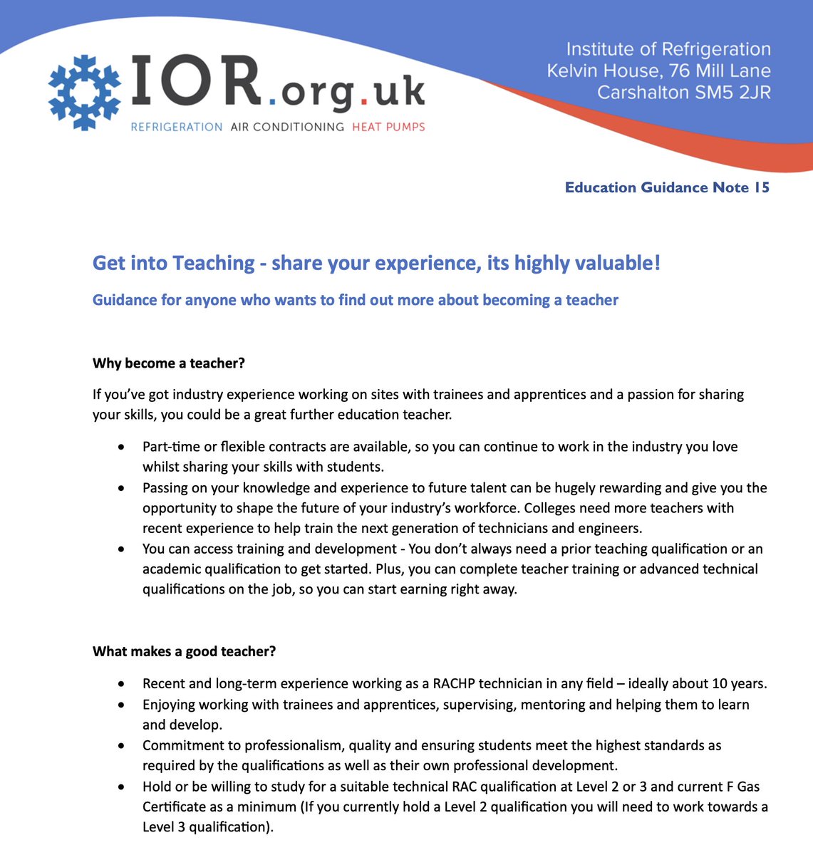 The @thecoolinghub (IOR UK) has published a free download guidance for anyone considering sharing their experience by becoming a teacher of RACHP skills.

Find out more about the guide and download for free here: ior.org.uk/technical/rach…