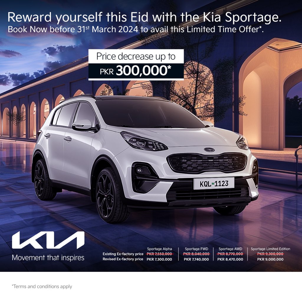 KiaMotorsPK's tweet image. Start the Eid celebrations early with the Special Price offer* on all Kia Sportage variants. Book yours today to avail this limited-time offer.
#Kia #MovementThatInspires