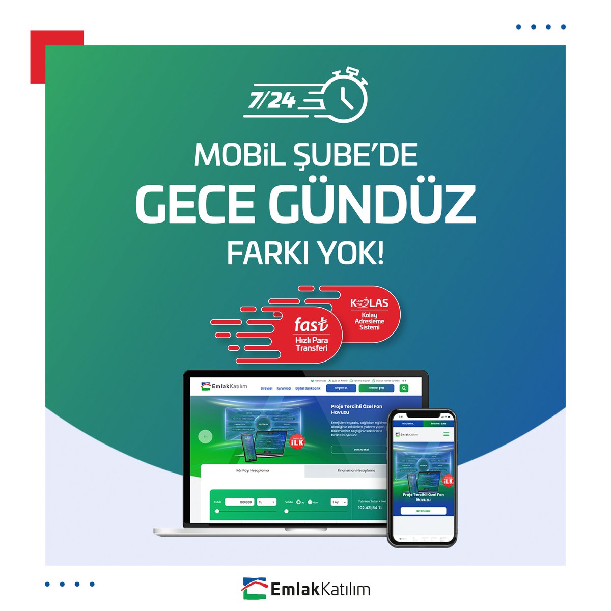 Emlak Katılım Mobil veya İnternet Şubemizden FAST ile mesai saatleri dışında da 7/24 kolayca para transferinizi yapabilirsiniz. #FAST #KOLAS #EmlakKatılım