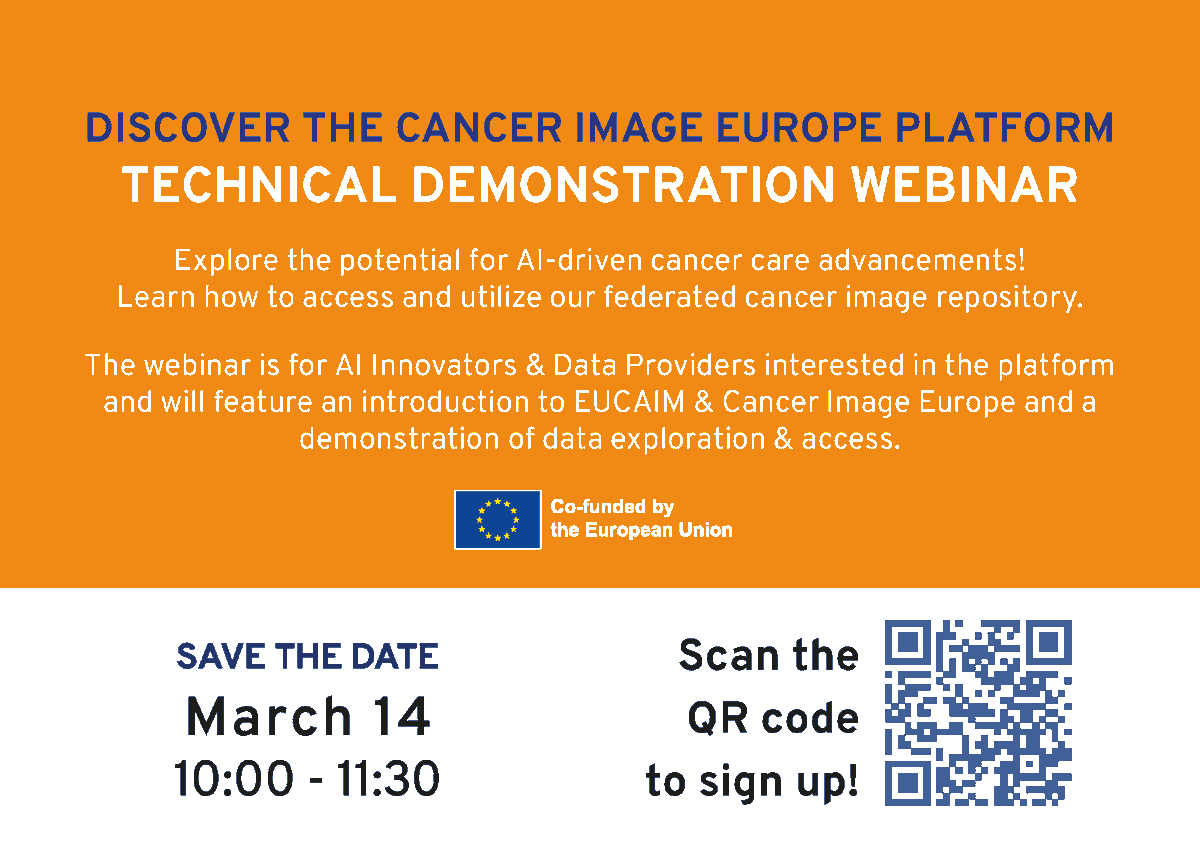 EIBIR_biomed's tweet photo. 🚨 Don't miss the #EUCAIM webinar TOMORROW! 🗓️ Sign-ups are open until 16:30 CET today. Discover the EUCAIM project and explore the Cancer Image Europe platform firsthand. Sign up now: https://t.co/I041g8Bpbj https://t.co/cRmgEYR3yK