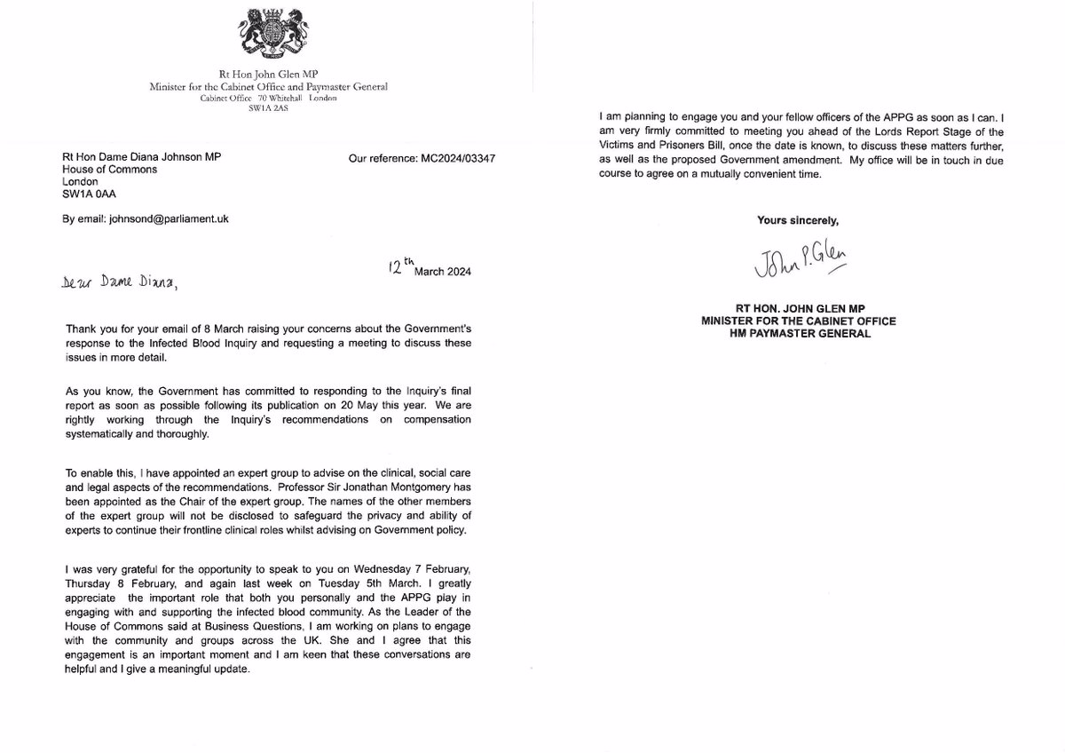 Last week, I requested an urgent meeting with <a href="/JohnGlenUK/">Rt Hon John Glen MP</a> to discuss my concerns about:

👉The failure to mention in the Budget compensation for those infected &amp; affected by contaminated blood.
👉The lack of transparency around the Govt's expert group.

This was his response ⬇