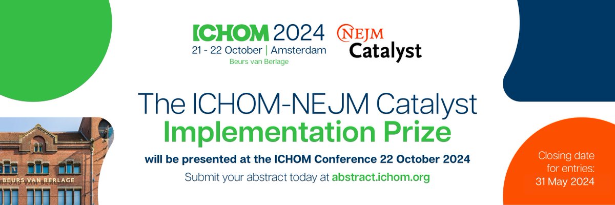 We're delighted to collaborate with @nejmcatalyst for ICHOM's Conference on 21-22 October 2024. Submit your abstract on healthcare transformation initiatives on patient-centered outcomes for a chance to win the ICHOM–NEJM Catalyst Implementation Award: ow.ly/E09c50QS1tx