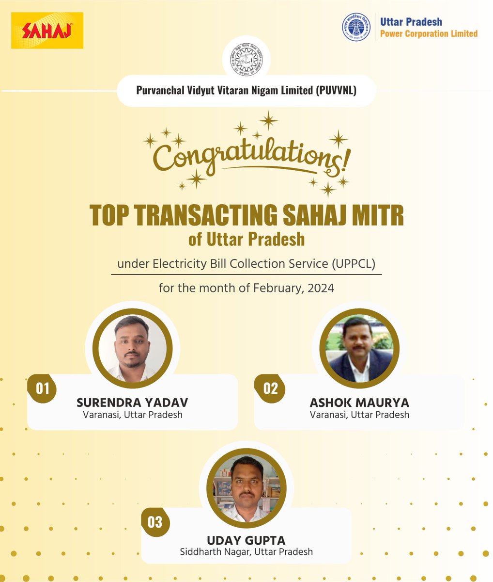 Congratulations💐 to the top 3 Sahaj Mitr of PuVVNL DISCOM for the highest amount of electricity bill collection in UPPCL Rural &amp; Urban in the month of February'24. <a href="/aksharmaBharat/">A K Sharma</a> <a href="/isomendratomar/">Dr. Somendra Tomar</a> <a href="/UppclChairman/">CMD UPPCL</a> <a href="/mduppcl/">MDUPPCL</a> <a href="/MD_PuVVNL/">PuVVNL</a>  <a href="/atulitrai/">Atulit Rai</a> <a href="/SahajRetail/">Sahaj Retail Limited</a> <a href="/sahaj_up/">SAHAJ UTTAR PRADESH</a>