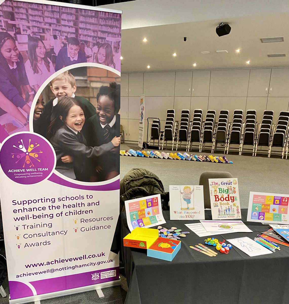 AchieveWellTeam's tweet photo. All set up at the #TraumaInformedNotts conference #AchieveWell #NottinghamHealthyChild https://t.co/y8miX0Syfs
