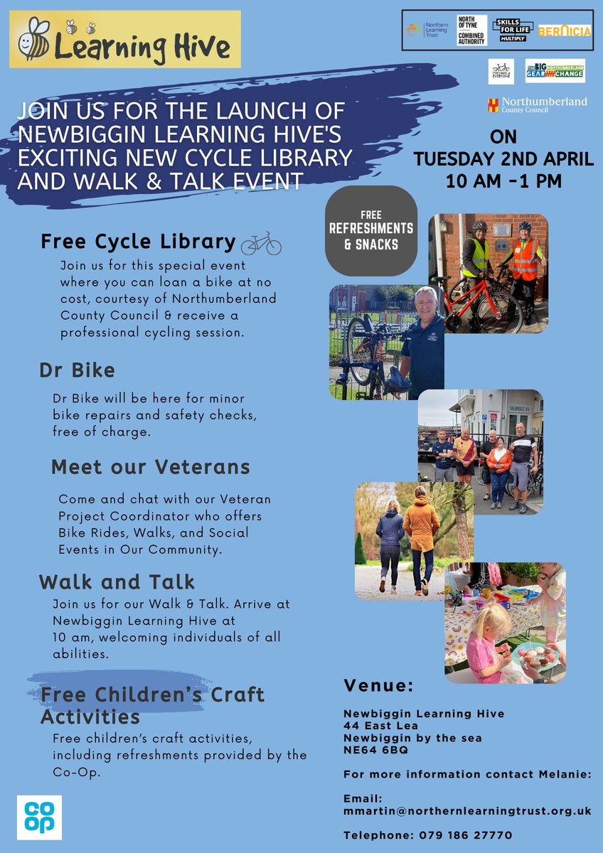 🚴‍♀️📚April 2nd at Newbiggin Learning Hive! The launch of a Cycle Library, receive free bike repairs from Dr. Bike and a Walk &amp; Talk event. Meet the Veteran Project Coordinator, savor Co-Op refreshments, and embrace the community spirit.  #CycleLibrary #WalkandTalk #DrBike 🌟