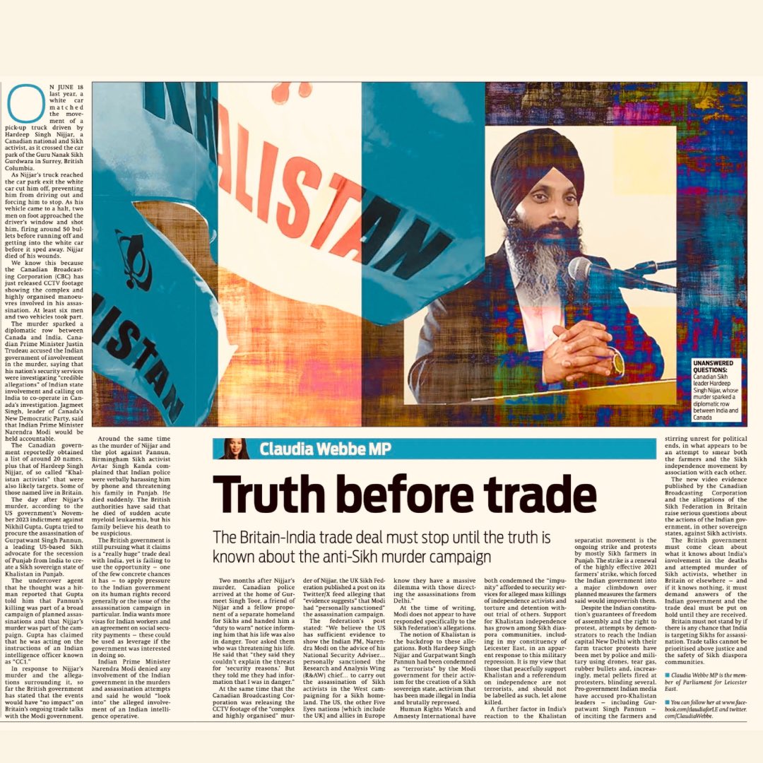 ClaudiaWebbe's tweet photo. The Britain-India trade deal must stop until the truth is known about the state sanctioned anti-Sikh murder campaign. 

My latest 👇🏾 https://t.co/cwb5wPpbHO