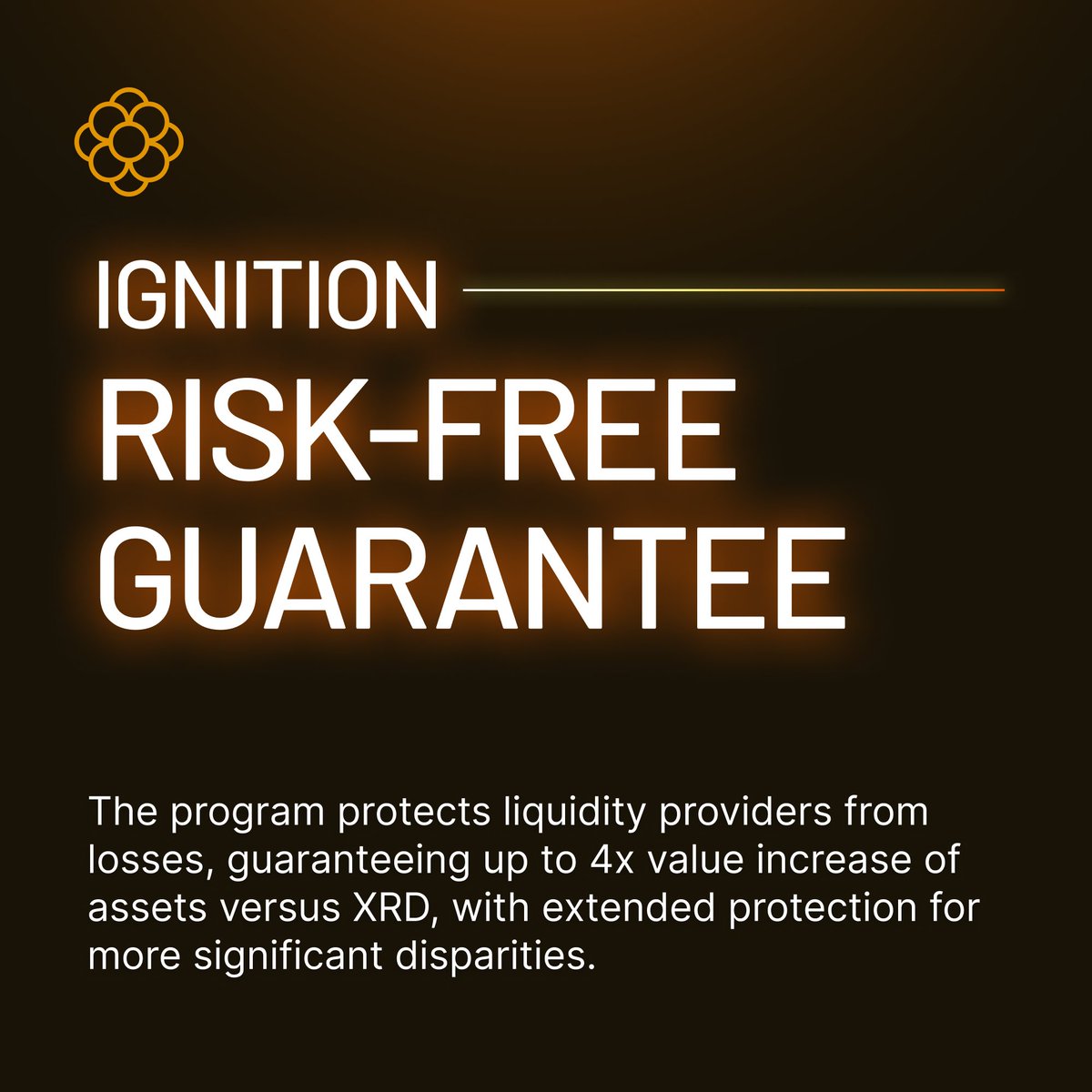 Explore the robust security of #Radix Project Ignition's Risk Guarantee. 

As the financial landscape evolves, safeguard your contributions against XRD price fluctuations. The program offers comprehensive impermanent loss protection up to a 4x asset value surge, ensuring your