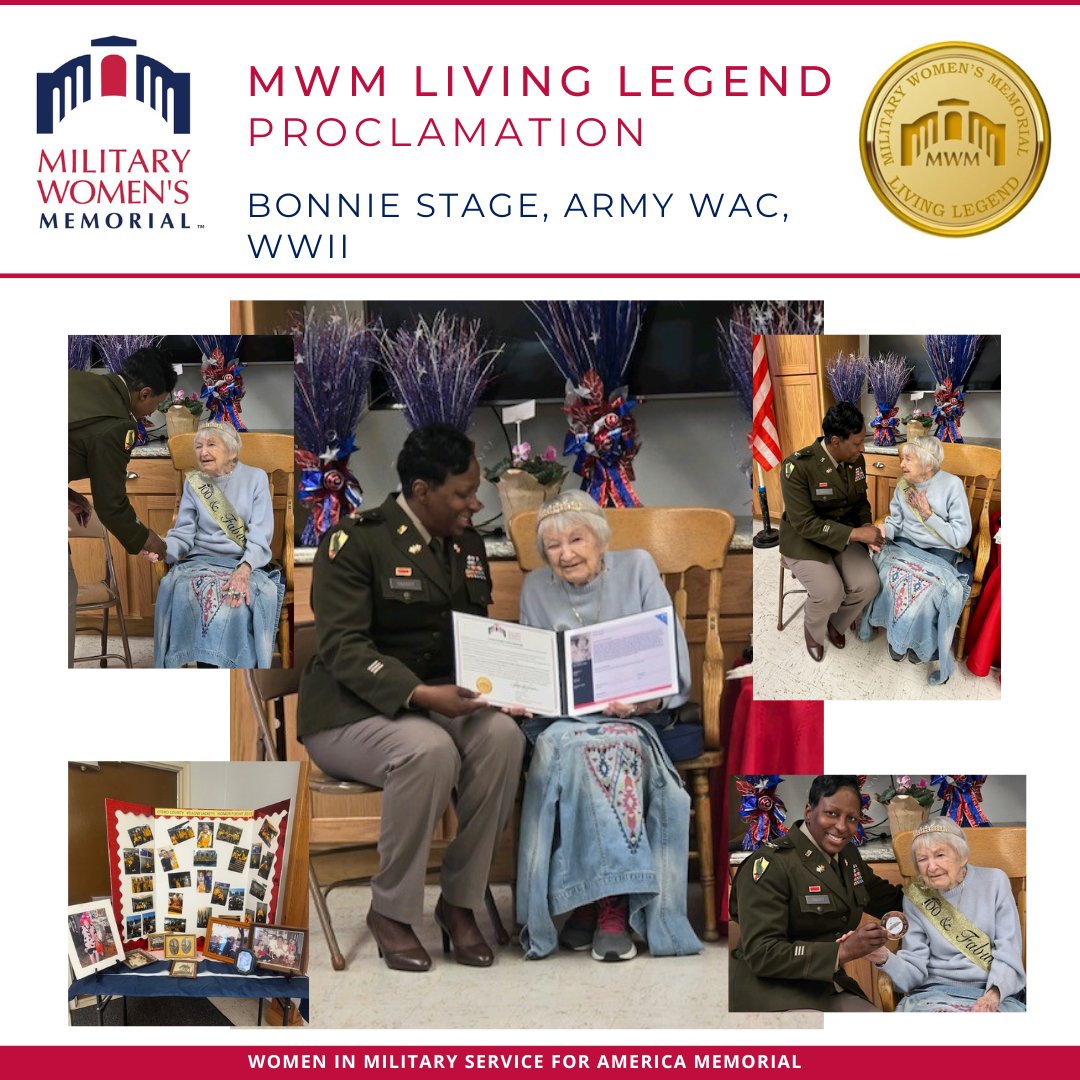 womensmemorial's tweet photo. Recently, COL Shawn Smart, Commander, White Sands Test Center, on behalf of the Memorial, presented the MWM Living Legend proclamation to Tech 5 Bonnie Stages. It was an honor to celebrate Bonnie and this incredible milestone birthday! 100 &amp; Fabulous, indeed!

#MWMlivinglegend https://t.co/ocZvKSteK9
