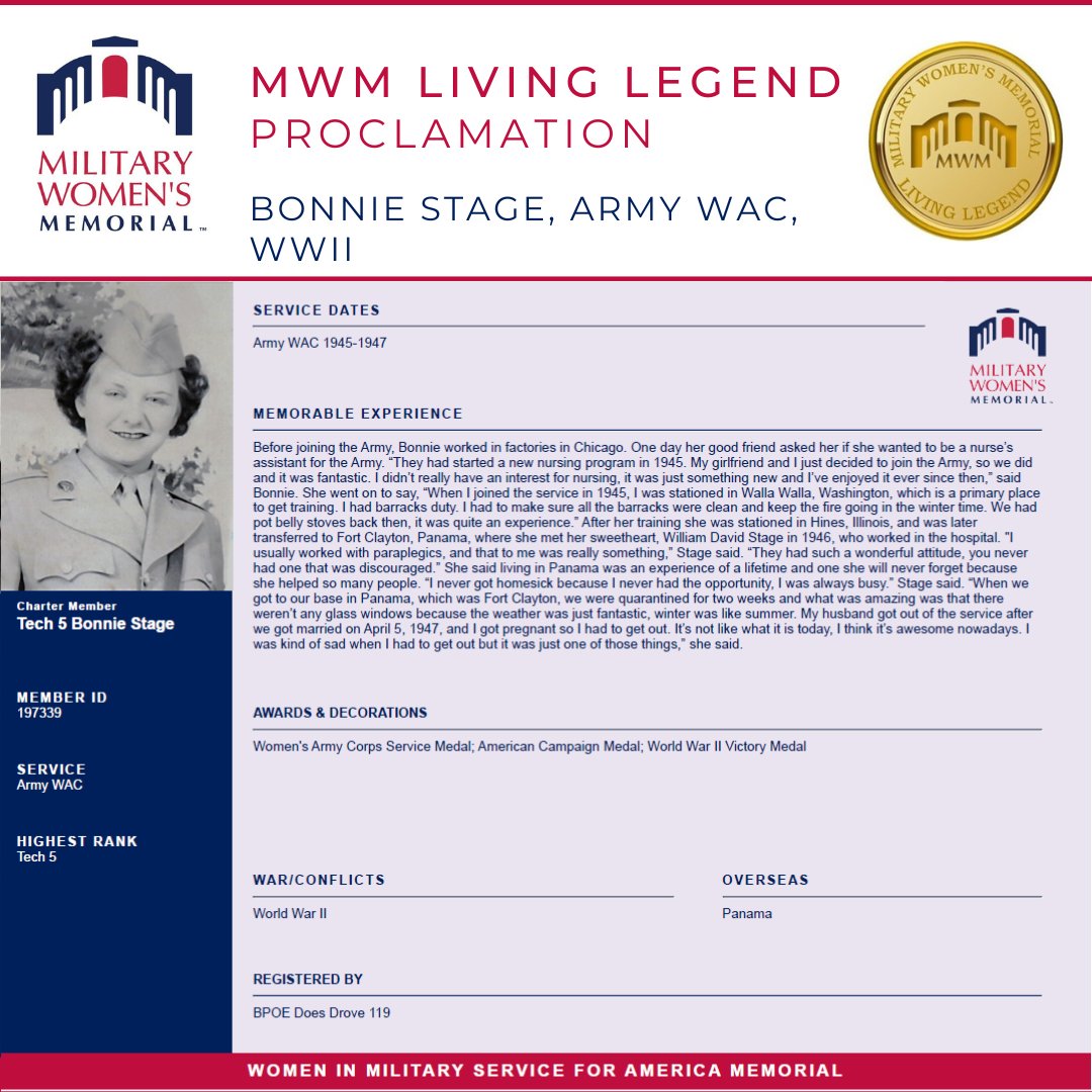 womensmemorial's tweet photo. Recently, COL Shawn Smart, Commander, White Sands Test Center, on behalf of the Memorial, presented the MWM Living Legend proclamation to Tech 5 Bonnie Stages. It was an honor to celebrate Bonnie and this incredible milestone birthday! 100 &amp; Fabulous, indeed!

#MWMlivinglegend https://t.co/ocZvKSteK9
